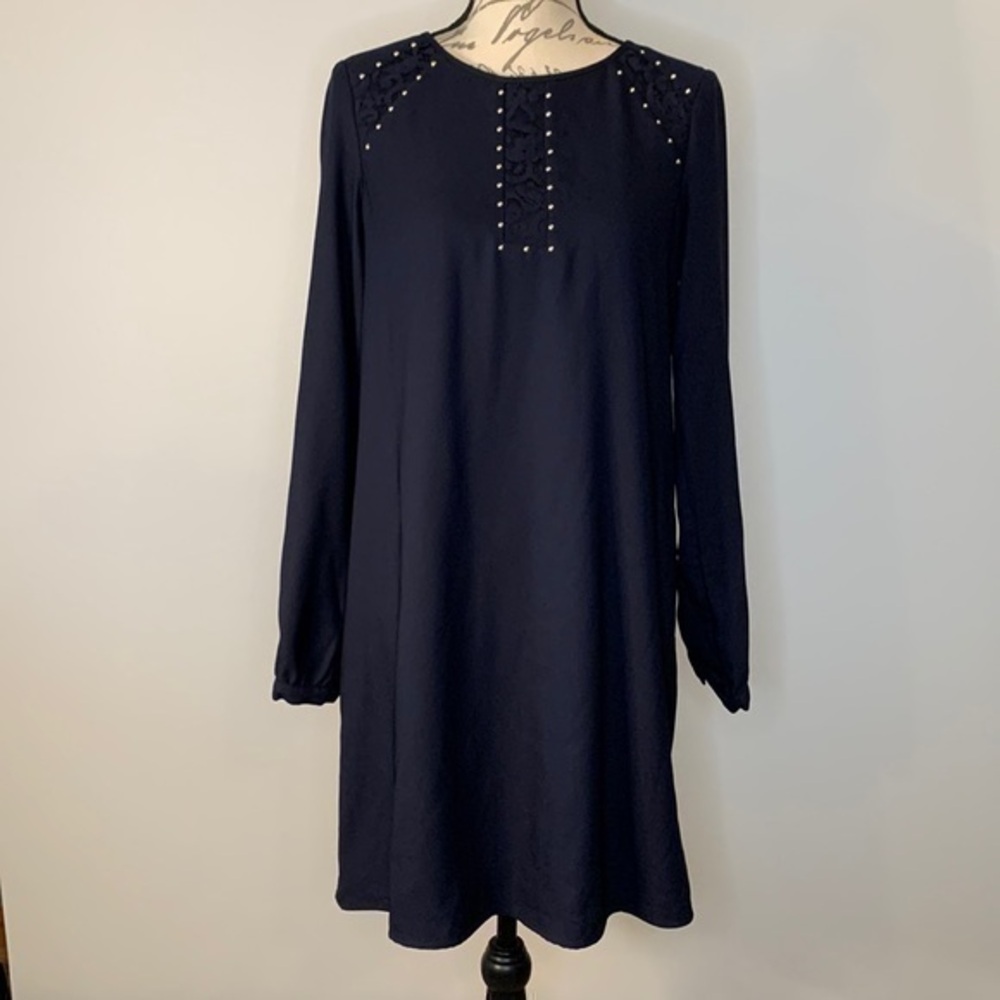 NWT Jessica Simpson long sleeve shift dress lace and gold stud detail lined 8
